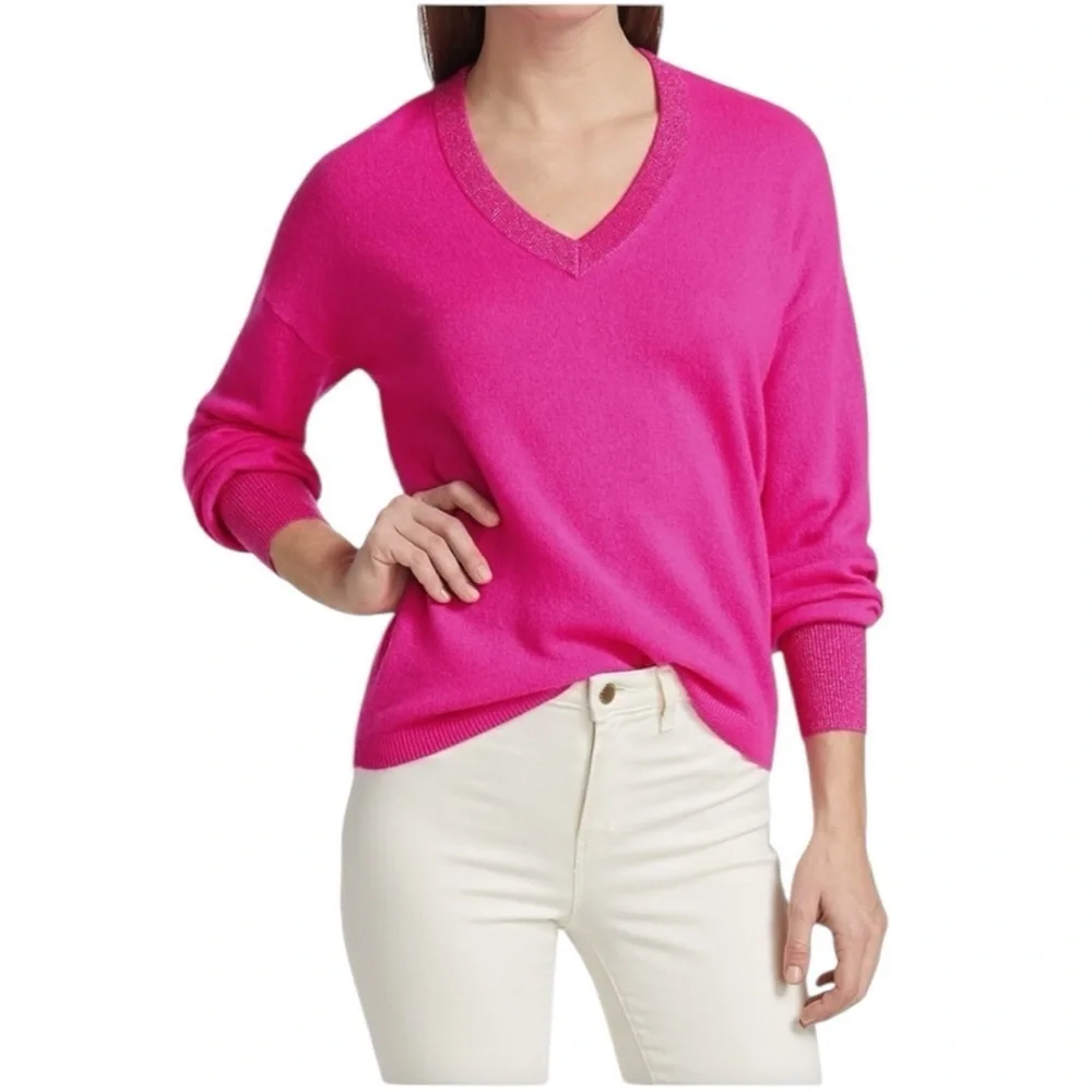 Lilly Pulitzer Jasmina Pink Cashmere V-Neck Sweater Size Large